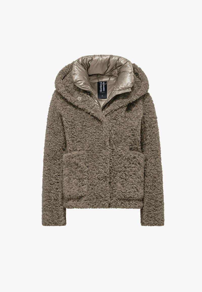 Braune Fleecejacke mit einer samtigen Textur, Kapuze und einem glänzenden, gepolsterten Innenfutter. Verfügt über zwei Vordertaschen und einen Reißverschluss.