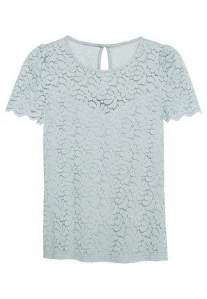 Lyseblå blonderkortærmet top med blomsterprint, bølgede ærmer og en lille knaplukning med nøglehul på ryggen.