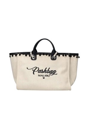 Borsa tote beige con manici neri, bordatura con pon pon neri e testo "Pashbag Malibu" con cuore sul davanti.