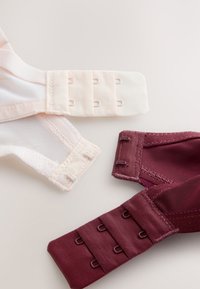 Kaks rinnahoidja rihma: üks kahvatu roosa võrguga ja konks-kinnituslõngaga, teine sügav burgundia värvusega tiheda tekstuuriga, samuti konksudega.