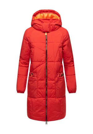Red padded coat with a hood, featuring a front zipper, two front pockets, and elastic cuffs. Interior has an orange lining.