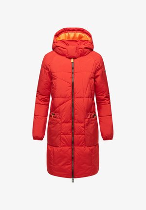 Red padded coat with a hood, featuring a front zipper, two front pockets, and elastic cuffs. Interior has an orange lining.
