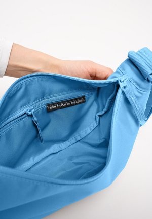Una mano tiene aperta una borsa azzurro chiaro che mostra una tasca interna con zip con un'etichetta che dice "DALLA SPAZZATURA AL TESORO."