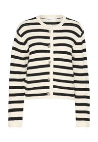 Zwart-wit gestreepte gebreide cardigan met een ronde halslijn, knoopsluiting aan de voorkant en lange mouwen. Voorzien van zilveren knopen en een gestructureerde stof.