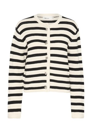 Zwart-wit gestreepte gebreide cardigan met een ronde halslijn, knoopsluiting aan de voorkant en lange mouwen. Voorzien van zilveren knopen en een gestructureerde stof.