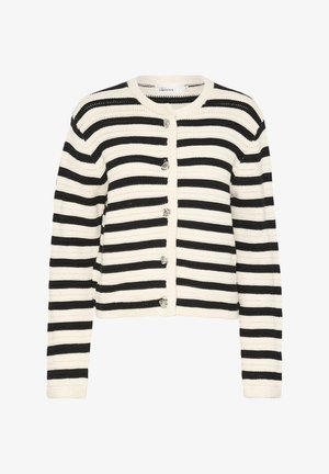 Crno-bijela prugasta pletena kardigan s okruglim izrezom, prednjim kopčanjem na gumbi i dugim rukavima. Sadrži srebrne gumbe i teksturirani materijal.