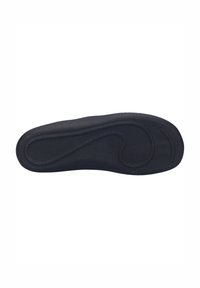 Black rubber shoe insole with smooth texture, contoured shape, and visible stitching. Features an inner arch support design and size markings.