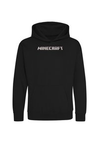 Felpa nera con cappuccio e tasca frontale. Presenta la scritta "MINECRAFT" in bianco, con un font squadrato, sul petto. Tessuto morbido, design casual.