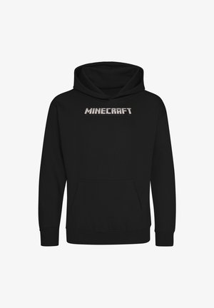 Czarna bluza z kapturem z przednią kieszenią. Na klatce piersiowej widnieje biały napis "MINECRAFT" w kanciastym kroju. Miękka tkanina, casualowy fason.