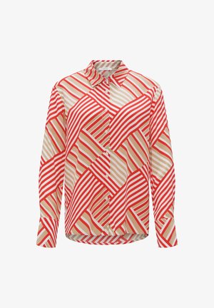 Langarm overhemd met een geometrisch patroon van rode, beige en crème strepen. Gemaakt van lichtgewicht stof met een klassieke kraag.