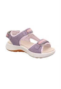 Fialové a růžové sandály s nastavitelnými popruhy, polstrovanou podrážkou a otevřeným designem pro prodyšnost. Lehký a flexibilní materiál.