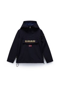 Tengerészkék pulóver dzseki könnyű anyagból, elöl zsebbel, amelyen logó és zászlófolt található, kapucnival és állítható szegéllyel.