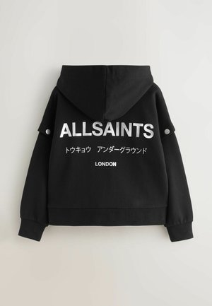 Sudadera con capucha negra que presenta un gran logo blanco "ALLSAINTS" y texto en japonés, con "LONDRES" debajo. Cuenta con puños y dobladillo acanalados.