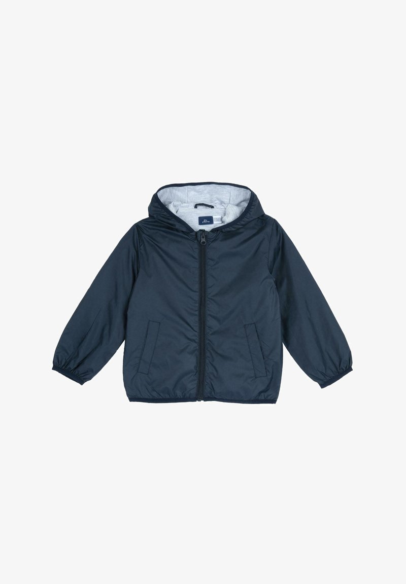Navy blue zip-up jacket with a soft grey interior lining, elastic cuffs, and two side pockets. Lightweight, smooth material.