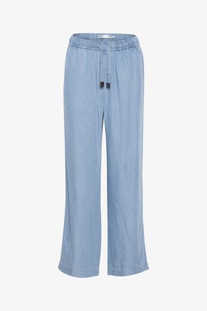 Gaišzili platās bikses, kas izgatavotas no mīksta auduma, ar elastīgu jostu un aukliņu, divām sānu kabatām un tīru apdari.