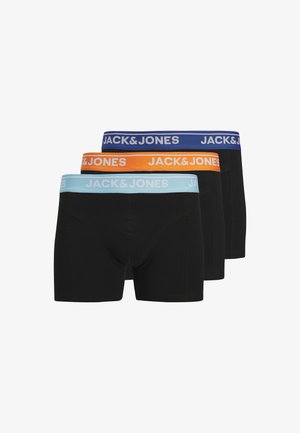 Three pairs of black boxer briefs with contrasting waistbands in blue, orange, and light blue, featuring "JACK & JONES" logo.
