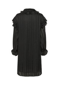 Melnas, caurspīdīgas kleitas, kas iezīmē vertikālas svītras, ar rīvētu apkakli un puffētām garām piedēkļiem ar elastīgām aprocēm. Tekstūru audums piešķir vizuālu interesi.