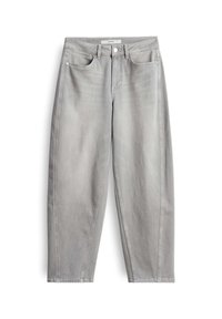 Light gray denim jeans with a relaxed fit, featuring a five-pocket design, belt loops, and a button-fly closure. Smooth texture and straight legs.