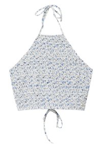 Haut court à col licou avec une texture smockée, présentant un motif floral bleu et blanc, noué au cou et au dos, fabriqué en tissu léger.