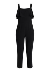 Czarny kombinezon z falbaną przy dekolcie, dopasowanym górnym części i zwężanym krojem nogawek. Wykonany z gładkiego, elastycznego materiału.
