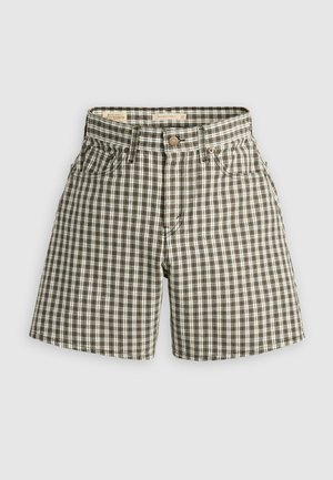 Shorts à carreaux marron et blanc avec une fermeture à bouton, deux poches avant et une ceinture. Fabriqués en tissu léger, avec une coupe décontractée.