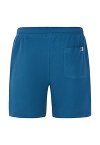 Blå teksturerede shorts med elastisk talje og en lomme på højre side, designet til komfort og bekvemmelighed i bevægelse.