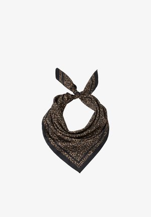 Firkantet tørklæde med leopardprint og sort kant, foldet og bundet i en knude på toppen.
