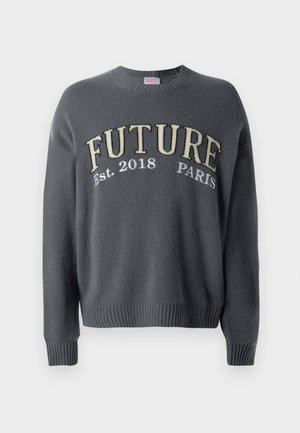 Pull en maille gris foncé avec des poignets et un ourlet côtelés, présentant l'inscription "FUTURE Est. 2018 PARIS" brodée sur la poitrine en beige et blanc.