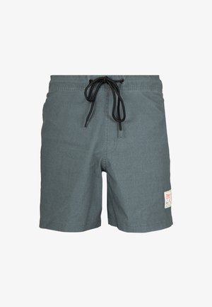 Maillots de bain gris foncé avec une taille à cordon, tissu léger et logo en patch sur le côté. Design classique avec une texture lisse.