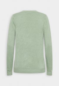 Maglione a maniche lunghe di colore verde chiaro, realizzato in un tessuto morbido. Presenta un colletto rotondo e polsini e orlo a costine con una consistenza liscia.