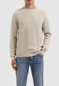 Beige sweatshirt met een textuur gebreid patroon, ronde halslijn en geribde manchetten, gecombineerd met lichtblauwe jeans.