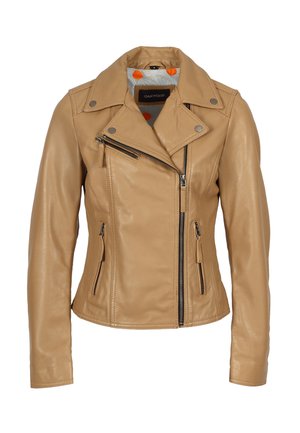 Tan leather biker jacket with asymmetrical front zipper, zippered pockets, snap-button collar, and floral inner lining.