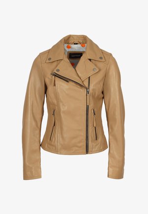 Tan leather biker jacket with asymmetrical front zipper, zippered pockets, snap-button collar, and floral inner lining.