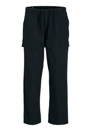 Pantaloni cargo neri con vita regolabile, due grandi tasche frontali e vestibilità morbida. Realizzati in tessuto traspirante, adatti per un uso quotidiano.