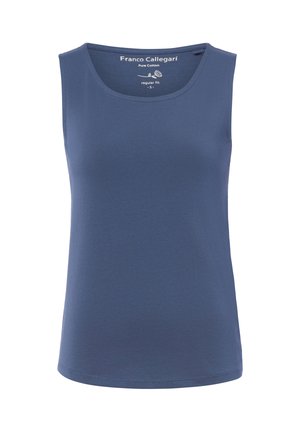 Sleeveless blue cotton tank top with round neckline, regular fit, labeled "Franco Callegari," size small.
