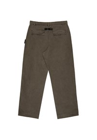 Khaki cotton pants with a straight-leg design. Features two back pockets and a black waistband detail. Smooth texture, minimalistic style.
