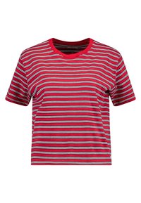 Röd t-shirt med kort ärm och horisontella ränder i vitt och grått. Har rund halsringning och en avslappnad passform. Tillverkad av bomull.