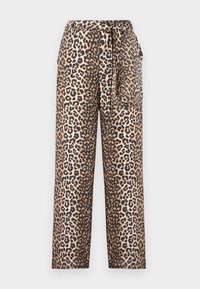 Leopardenmusterweite Hosen aus weichem Material, mit einem gebundenen Taillendetail und einer glatten Textur. Die Farbpalette umfasst Beige und Schwarz.