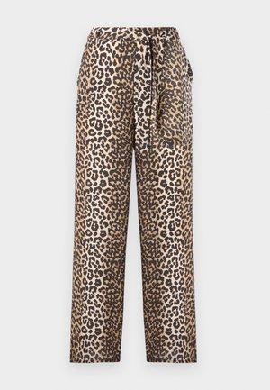 Hlače širokih nogavica s leopardjim vzorcem v mehkemu materialu, s pasom, ki se veže, in gladko teksturo. Barvna paleta vključuje bež in črno.
