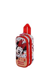 Trousse Minnie Mouse, fermeture éclair rouge, motif floral blanc, détail de noeud rose, matériau en tissu, design vertical avec une poignée supérieure pour le transport.