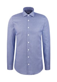 Mannen overhemd met lange mouwen en knoopsluiting in een blauw-wit micro-ruitpatroon met een puntige kraag.