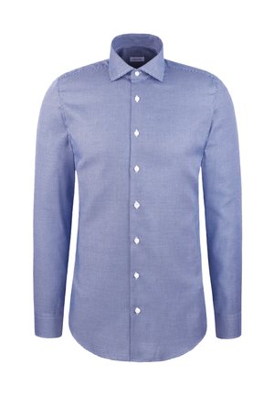 Herren Langarm-Hemd mit Knopfverschluss in einem blauen und weißen Mikro-Karomuster mit spitzem Kragen.