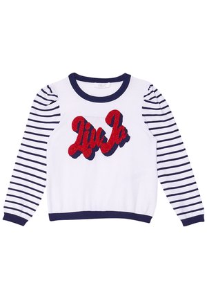 Sudadera blanca con mangas a rayas en azul marino. Presenta un logo "Liu Jo" en rojo con purpurina en el frente. Material de punto con puños y bajo acanalados.