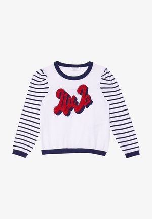 Maglione bianco con maniche a righe blu navy. Presenta un logo "Liu Jo" rosso glitterato sul davanti. Realizzato in maglia con polsini e orlo a coste.