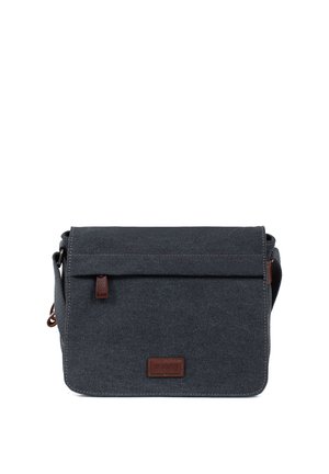 Sac messager en tissu gris foncé avec fermeture à rabat, bandoulière réglable et petits accents en cuir marron à l'avant et sur les côtés.
