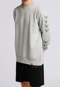 Sweatshirt gris clair avec un col rond, des manches longues et un motif en chevron sur la manche gauche. Portée avec un short noir.