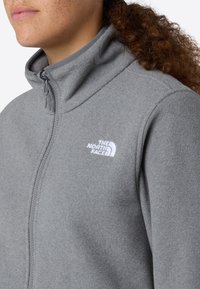 Persona che indossa una giacca in pile grigia con zip e il logo "The North Face" sul petto, con capelli ricci e castani visibili.