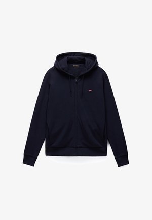 Granatowa bluza z kapturem na zamek błyskawiczny, z regulowanym sznurkiem, ściągaczami przy rękawach i u dołu oraz małym emblematem norweskiej flagi na lewej piersi.