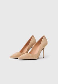 Beige zamšas augstpapēžu kurpes ar norādītu purngalu un šauru stiletto papēdi. Iekšpusē ir gluda beige oderējuma un melna ārējā zole.