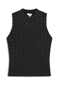 Top senza maniche nero realizzato in tessuto knit, con scollo rotondo e decorato con paillettes argentate a forma di quadrato e rotondo disposte in modo non uniforme.